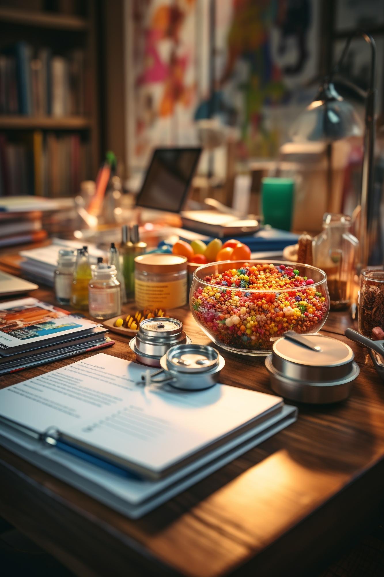 workbench with plated dishes and recipe notes